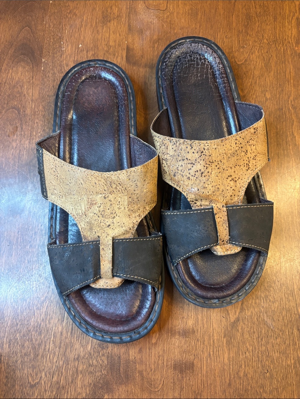 Two-Tone Cork & Dark Brown Leather Slide Sandals